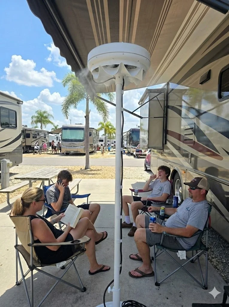 Mist360 Cyclone in action at RV park with family enjoying the cooling mist